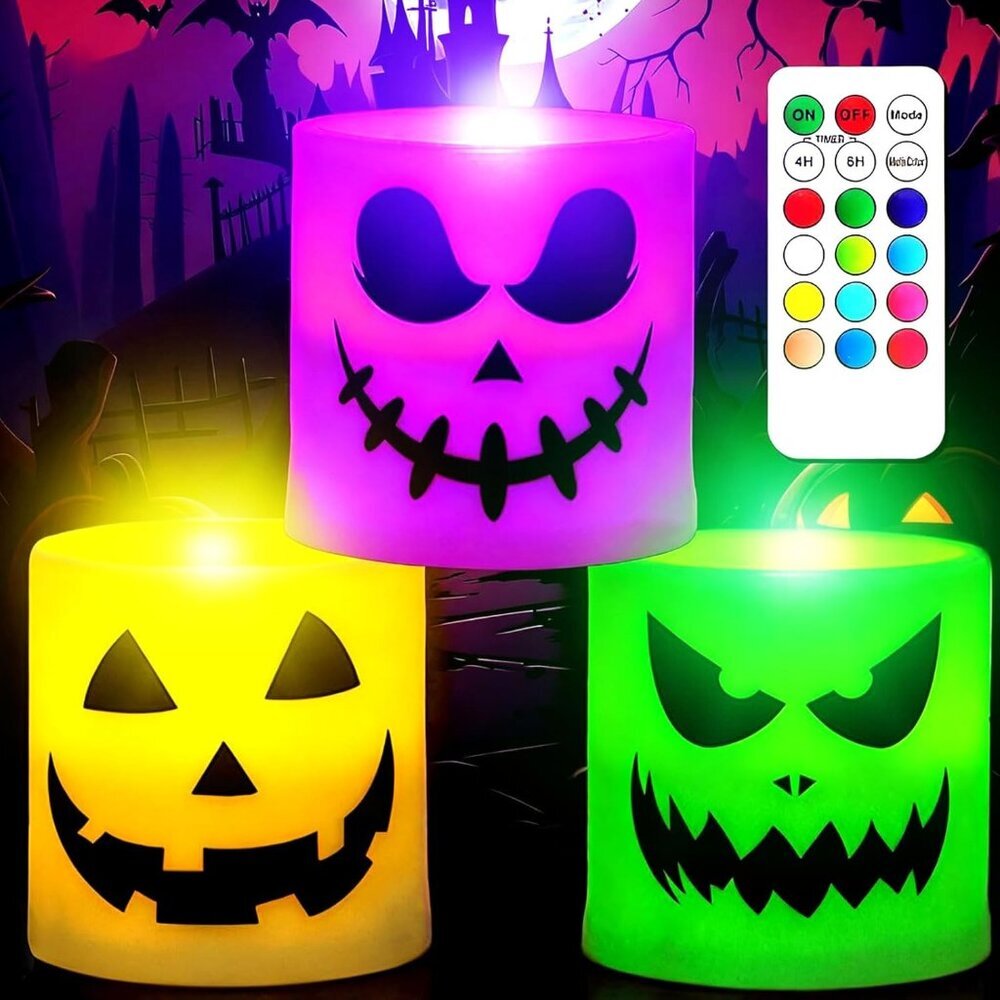 Halloween Flameless Candles - 3 Pack Colored Battery Operated Pumpkin Ghost Face